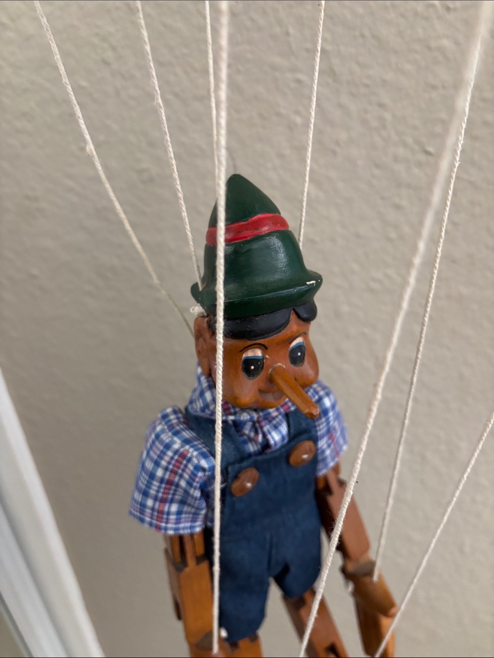 Wooden Pinocchio-Style Marionette Puppet in Green Hat - Picture 2 of 9
